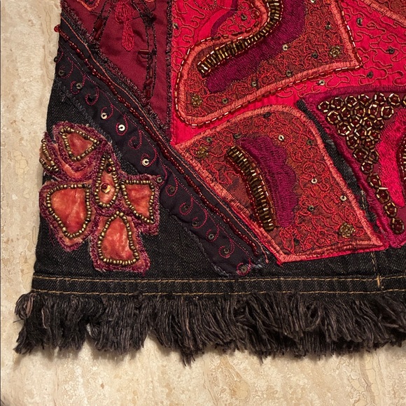 CHICO'S Embellished Denim Jacket, dark brown & red; embroidery, studs, beads. L - Picture 9 of 17